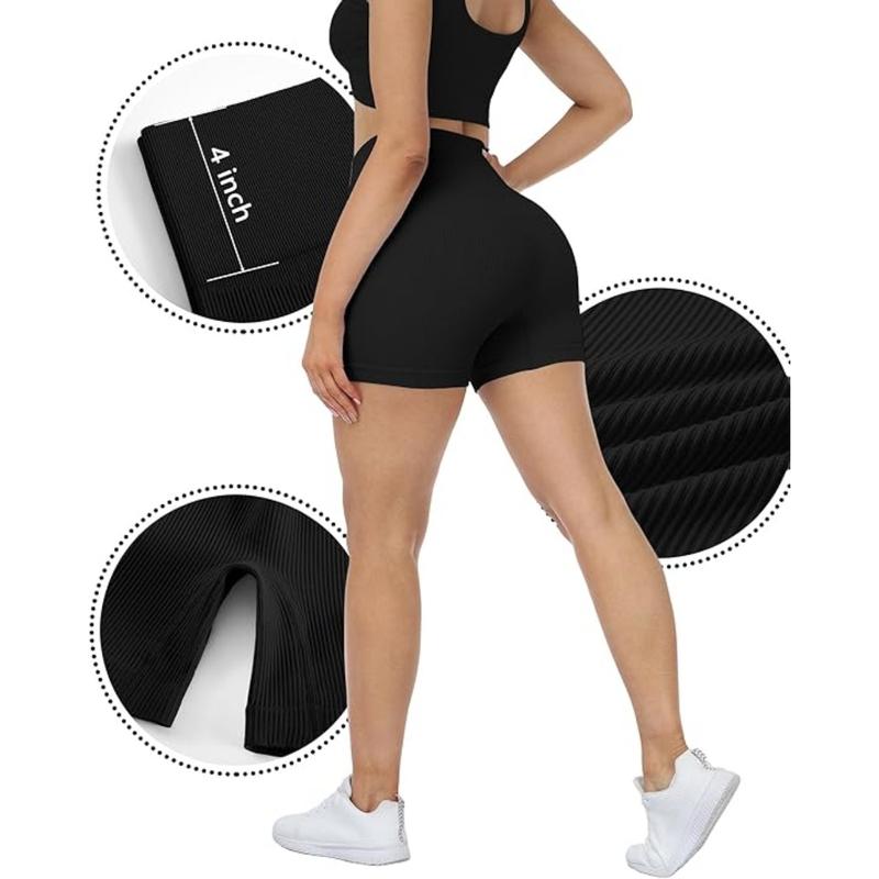 Workout Shorts Sets Womens, High Waisted Ribbed Seamless Yoga Spandex Biker Shorts