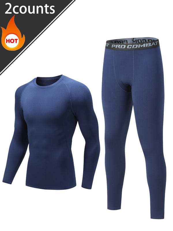 Men's Long Sleeve Compression Top & Letter Tape Leggings Set, Tight Sporty Raglan Sleeve Round Neck Thermal Lined Top & Pants, Men's Sportswear Set for Fall & Winter