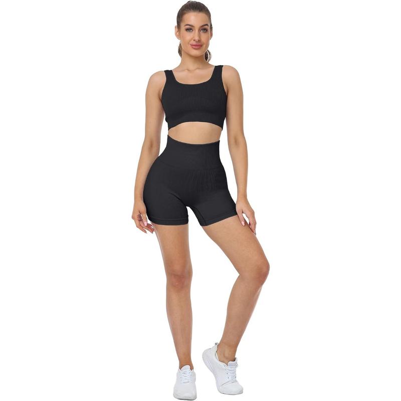 Workout Shorts Sets Womens, High Waisted Ribbed Seamless Yoga Spandex Biker Shorts