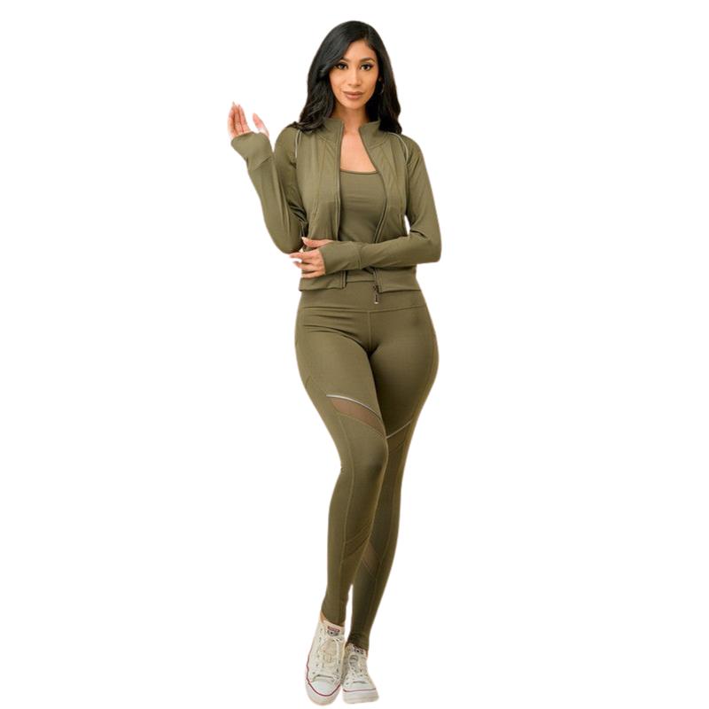 3 Piece Matching Workout Set in Khaki Green