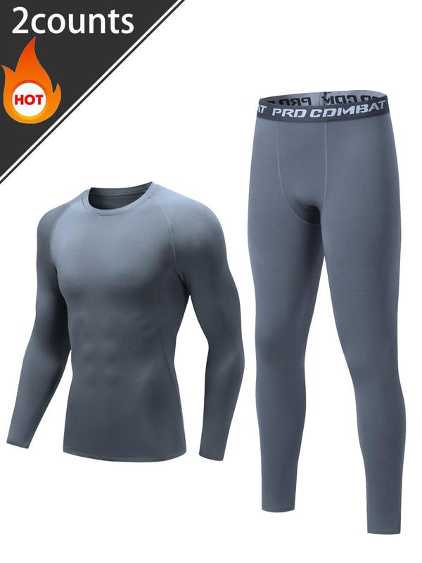 Men's Long Sleeve Compression Top & Letter Tape Leggings Set, Tight Sporty Raglan Sleeve Round Neck Thermal Lined Top & Pants, Men's Sportswear Set for Fall & Winter