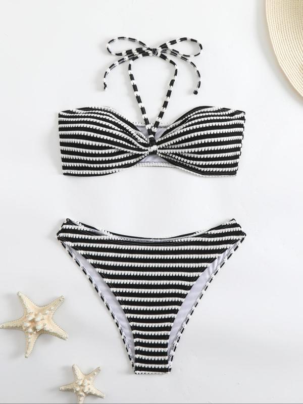 Two-Piece Set Women's Striped Halter Bikinis Set, Fashion Ruched Swim Bra & High Cut Swim Panty Swimsuit for Summer, Ladies Swimwear for Beach Holiday Vacation