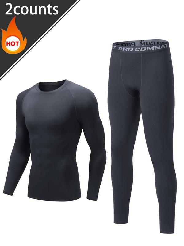 Men's Long Sleeve Compression Top & Letter Tape Leggings Set, Tight Sporty Raglan Sleeve Round Neck Thermal Lined Top & Pants, Men's Sportswear Set for Fall & Winter