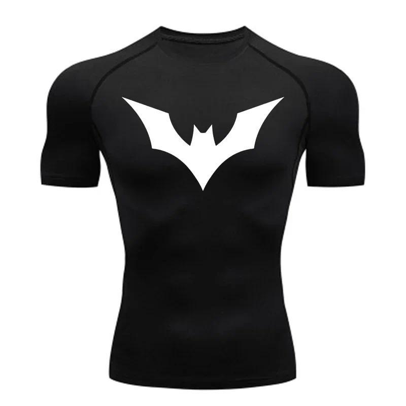 Bat Print Compression Shorts Shirts for Men Summer Short Sleeve Rash Guard Gym Workout Running Tshirt Athletic Quick Dry Tees Tops