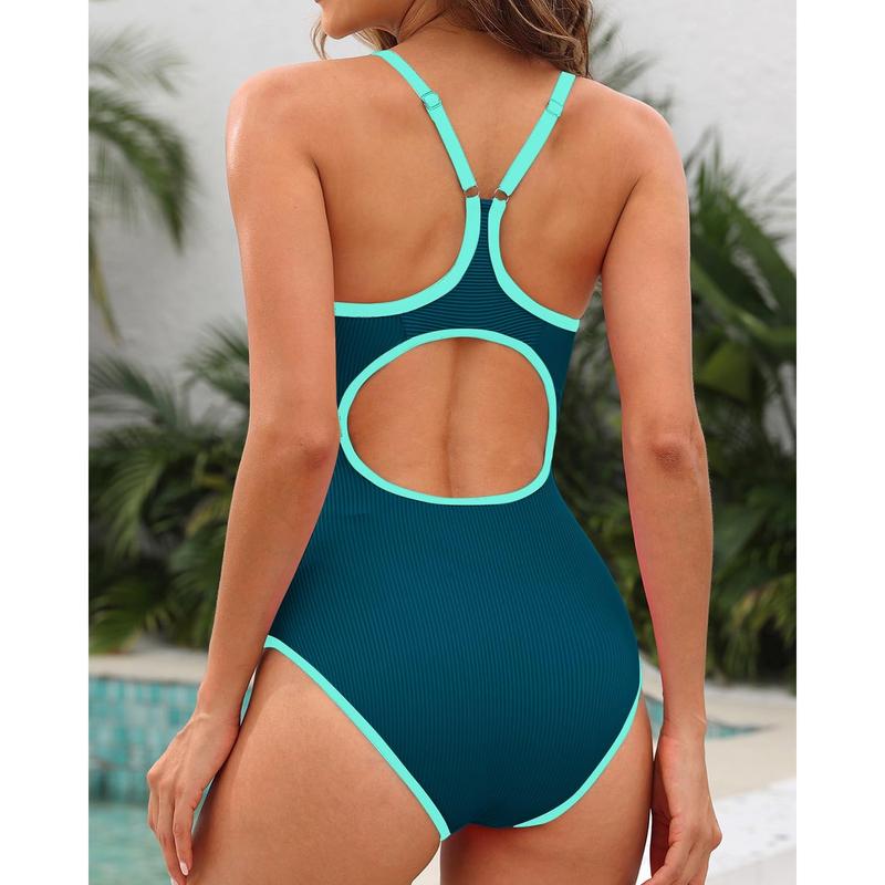 Tempt Me Women Athletic One Piece Swimsuit Ribbed Sporty Color Block Bathing Suit