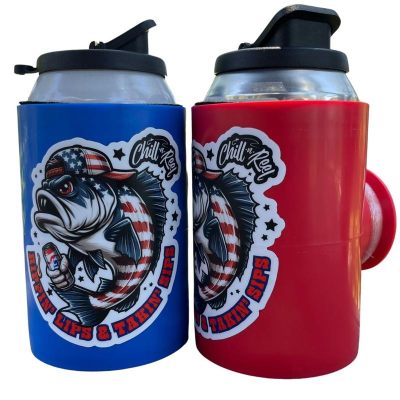 Chill-N-Reel 'MERICA Bundle: Red & Blue Fishing Coozies + 2 Redneck Fish Stickers. Fun Fishing Gadget Seen on Shark Tank. Perfect Gift for Him or Her!