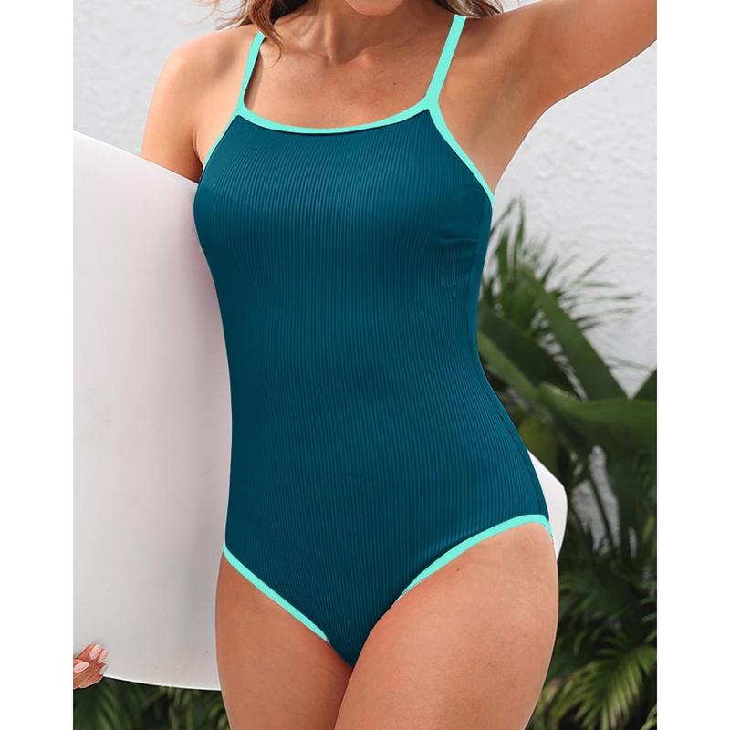 Tempt Me Women Athletic One Piece Swimsuit Ribbed Sporty Color Block Bathing Suit