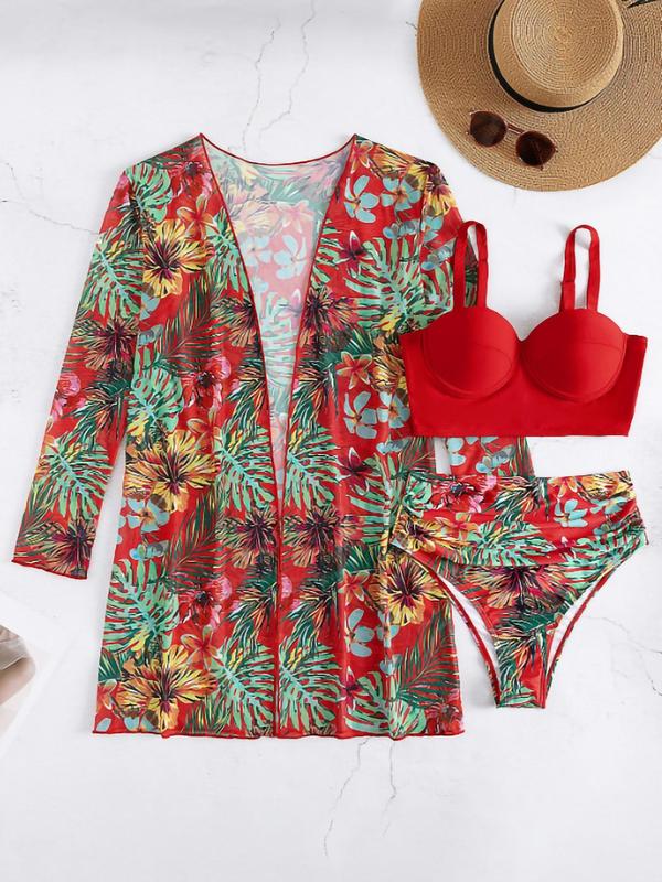 Three-Piece Set Women's Tropical Print Swimsuit Set, Boho Plain Adjustable Strap Push Up Underwire Swim Bra & High Waist Ruched Swim Panty & Long Sleeve Cover Up Set, Ladies Summer Beach Holiday Vacation Swimwear, Swimsuit for Women