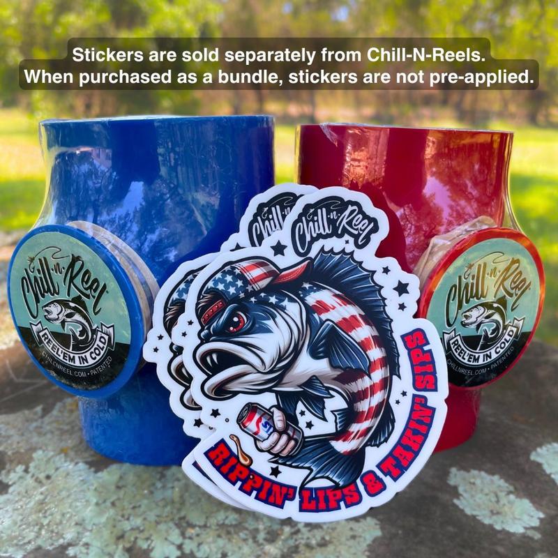 Chill-N-Reel 'MERICA Bundle: Red & Blue Fishing Coozies + 2 Redneck Fish Stickers. Fun Fishing Gadget Seen on Shark Tank. Perfect Gift for Him or Her!