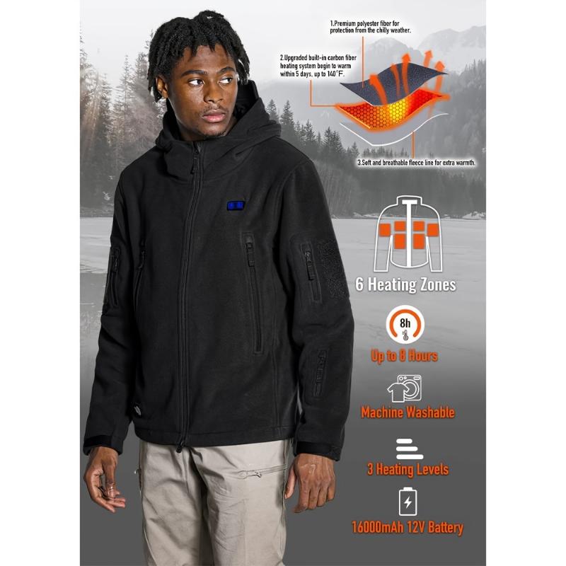 Heated Fleece Jacket - Black, Perfect For Christmas, Hunting And Fishing