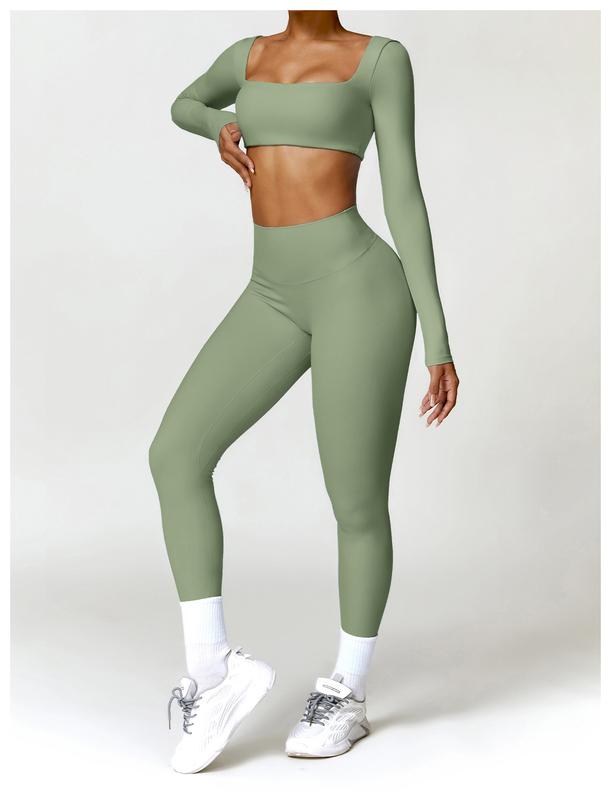 Women's 2 Piece Workout Set - Long Sleeve Crop Tops and High Waist Flared Leggings Yoga Outfi