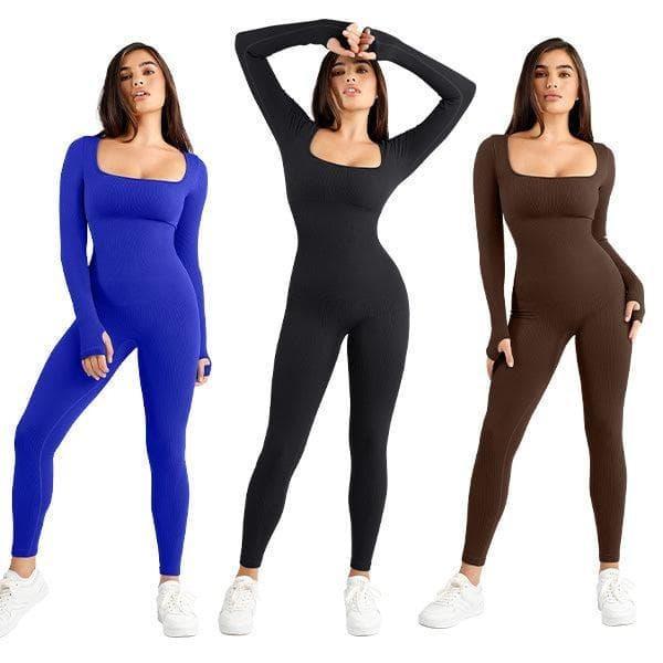 Popilush Sports Seamless Square Neck Long Sleeve Jumpsuits