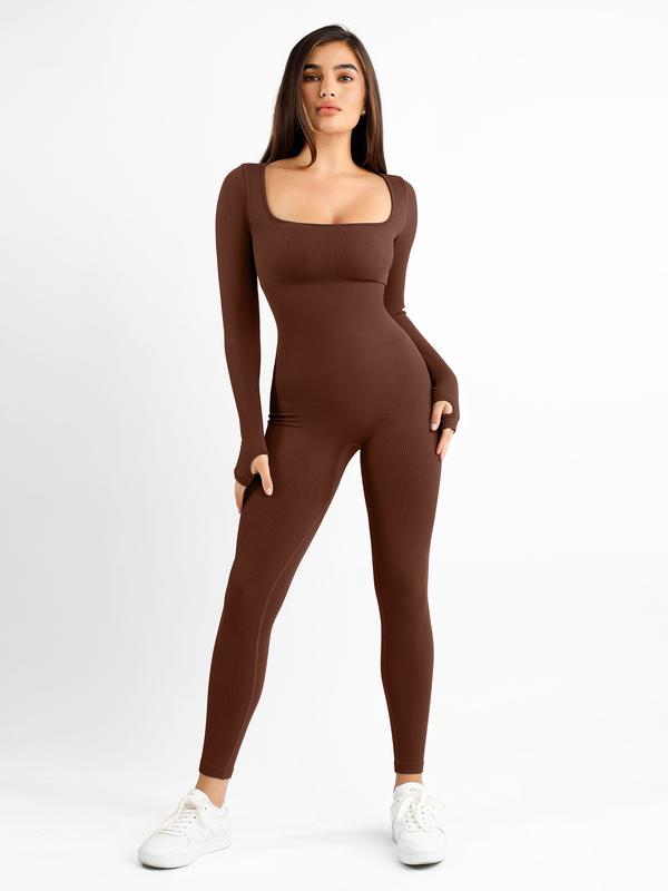 Popilush Sports Seamless Square Neck Long Sleeve Jumpsuits