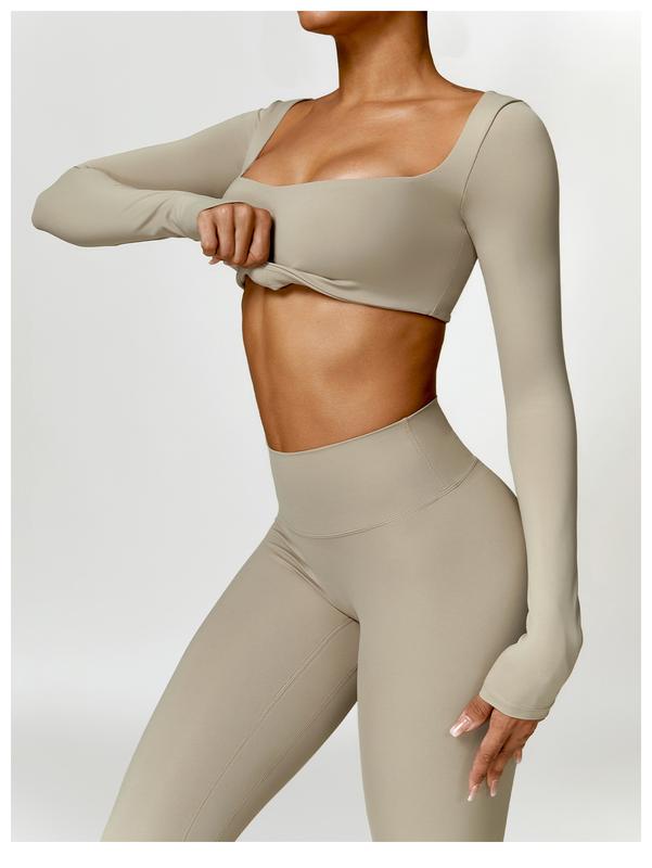 Women's 2 Piece Workout Set - Long Sleeve Crop Tops and High Waist Flared Leggings Yoga Outfi