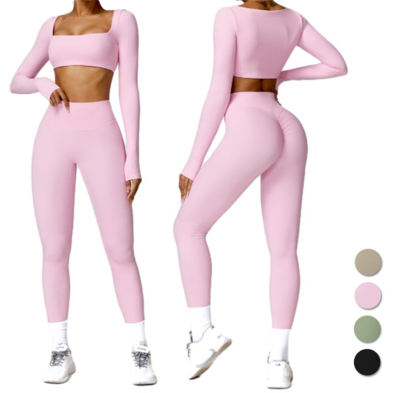 Women's 2 Piece Workout Set - Long Sleeve Crop Tops and High Waist Flared Leggings Yoga Outfi