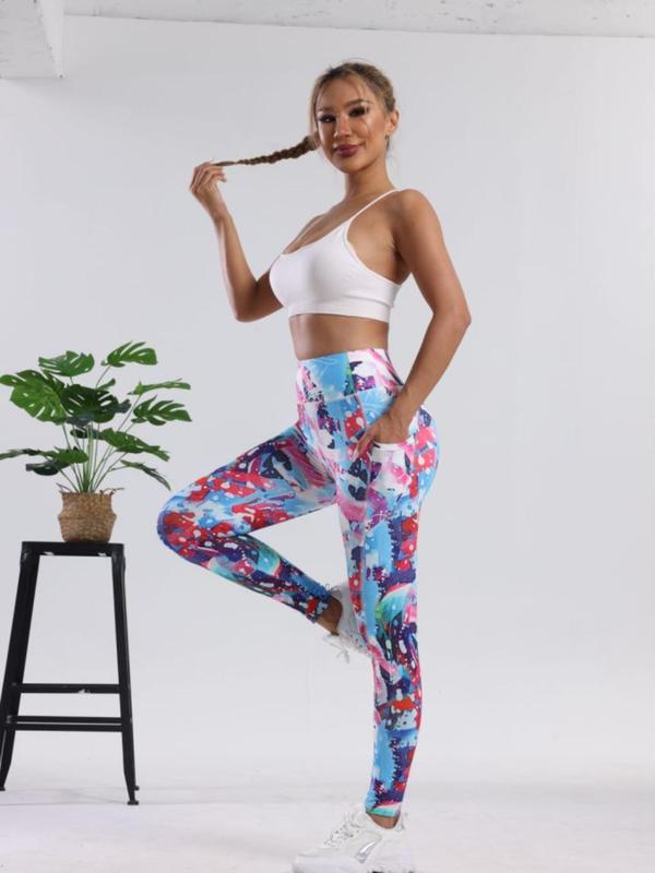 Women's All Over Print Pocket High Waist Sports Leggings, Casual Sporty Comfy Breathable Skinny Pants for Yoga Gym Workout Running, Ladies Sportswear for All Seasons