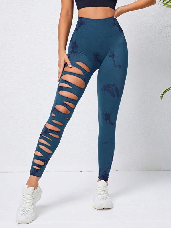 Women's Tie Dye Print Cut Out High Waist Sports Leggings, Casual Comfy Breathable Skinny Pants For Yoga Gym Workout Running, Women Sports Clothing For Summer Spring Fall