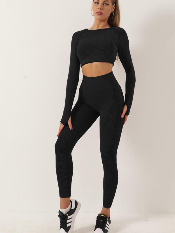 Two-Piece Set Women's Solid Raglan Sleeve Crop Top & High Waist Leggings Tracksuit Set, Sporty Comfy Breathable Outfits for Yoga Gym