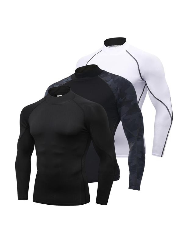 Men's Mock Neck Compression Shirt, Solid Long Sleeve Sports T-shirt, Gym Clothing, Mens Clothing, Gym Tops, Casual Back To School Sporty Top for Basketball Football Running, Gym Clothing Men