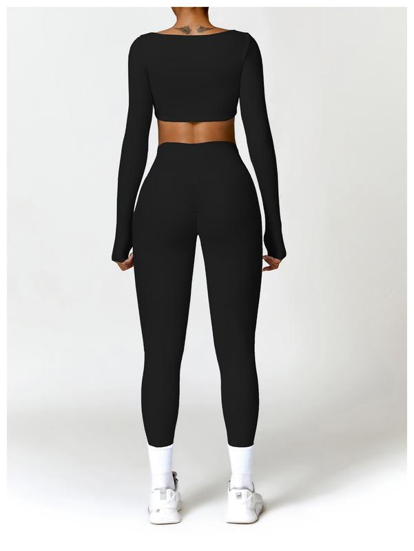 Women's 2 Piece Workout Set - Long Sleeve Crop Tops and High Waist Flared Leggings Yoga Outfi