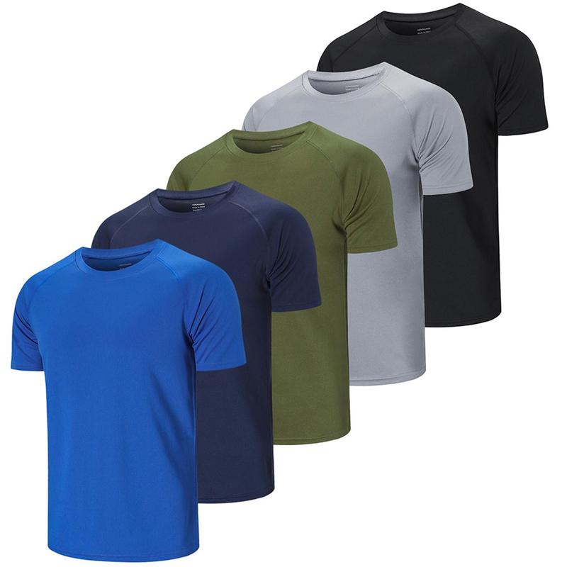 5pcs  Men's Moisture Wicking Workout Shirts - Assorted ColorsCrew Neck, Athletic Suit, Perfect For Gym And Casual Wear