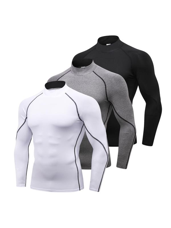 Men's Mock Neck Compression Shirt, Solid Long Sleeve Sports T-shirt, Gym Clothing, Mens Clothing, Gym Tops, Casual Back To School Sporty Top for Basketball Football Running, Gym Clothing Men