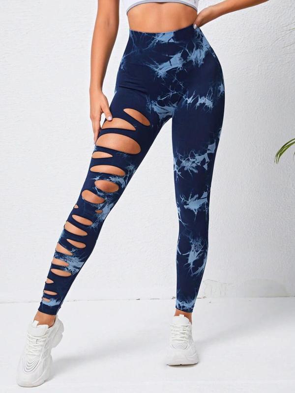 Women's Tie Dye Print Cut Out High Waist Sports Leggings, Casual Comfy Breathable Skinny Pants For Yoga Gym Workout Running, Women Sports Clothing For Summer Spring Fall