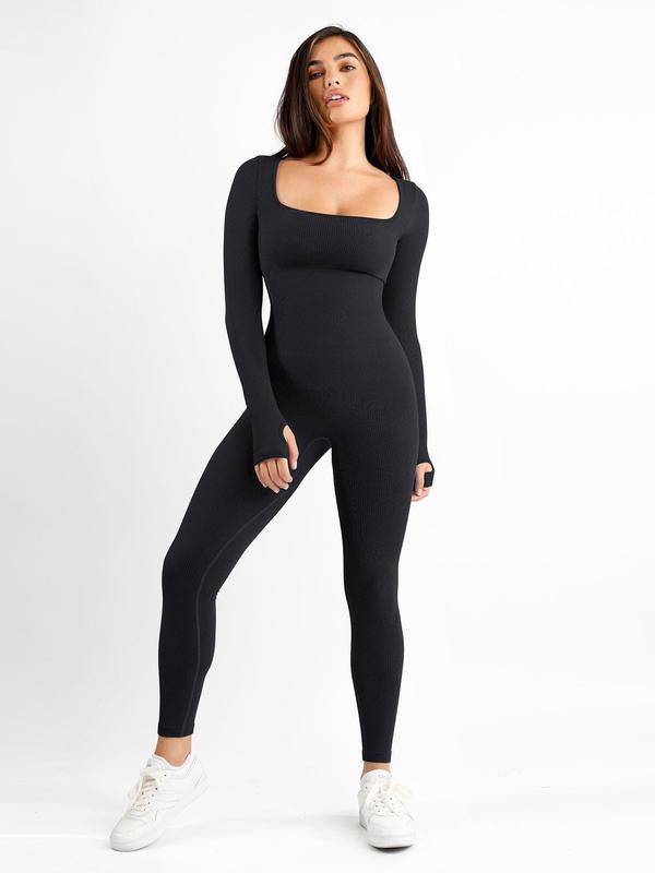 Popilush Sports Seamless Square Neck Long Sleeve Jumpsuits