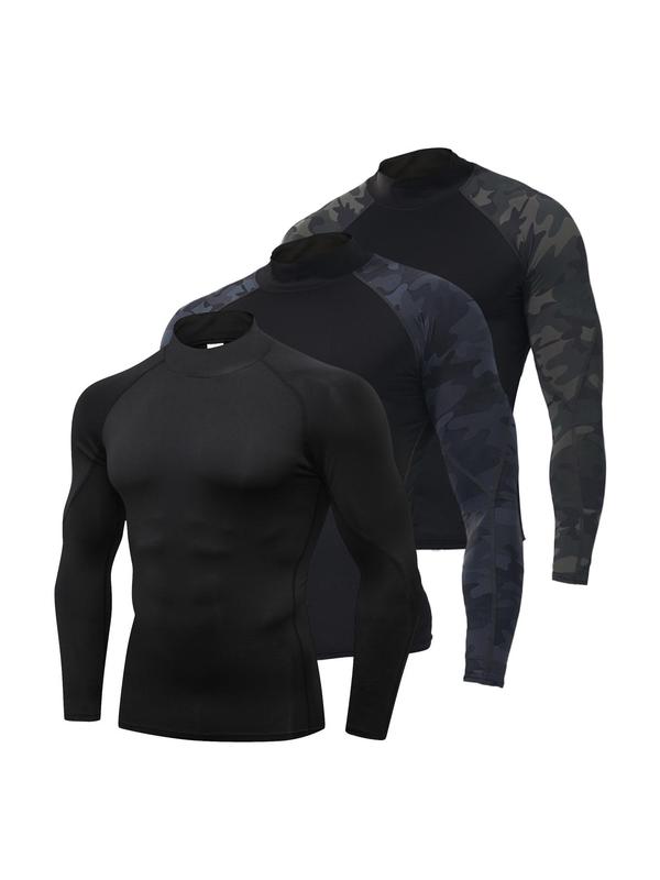 Men's Mock Neck Compression Shirt, Solid Long Sleeve Sports T-shirt, Gym Clothing, Mens Clothing, Gym Tops, Casual Back To School Sporty Top for Basketball Football Running, Gym Clothing Men