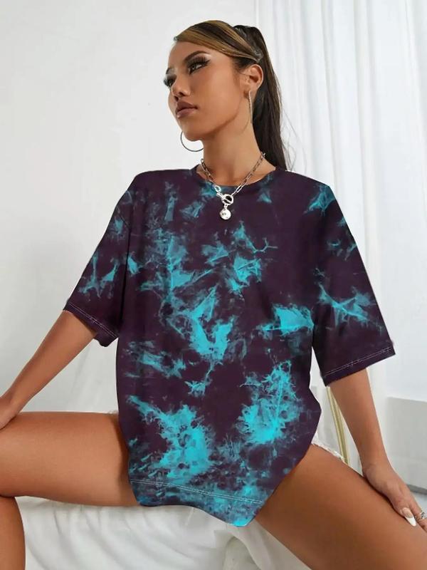 Women's Tie Dye Print Drop Shoulder Sports Tee, Casual Back to School Half Sleeve Round Neck T-Shirt for Daily Outdoor Sport, Ladies Sportswear for All Seasons