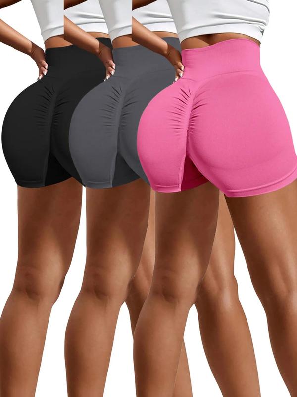 Women's Plain Ruched High Waist Sports Skinny Gym Shorts, Gym Clothes, Sporty Wide Waist Band Seamless Short Leggings for Yoga Gym Workout Running, Biker Shorts, Lady Sportswear