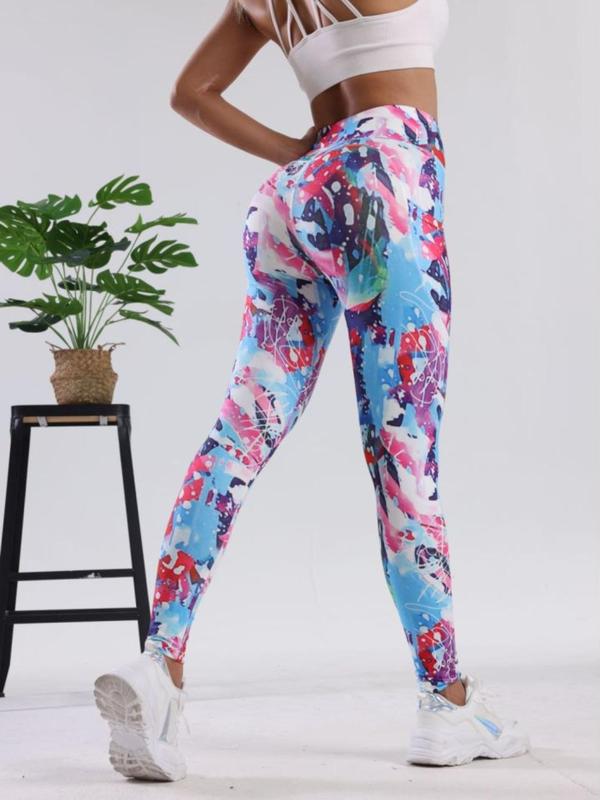 Women's All Over Print Pocket High Waist Sports Leggings, Casual Sporty Comfy Breathable Skinny Pants for Yoga Gym Workout Running, Ladies Sportswear for All Seasons