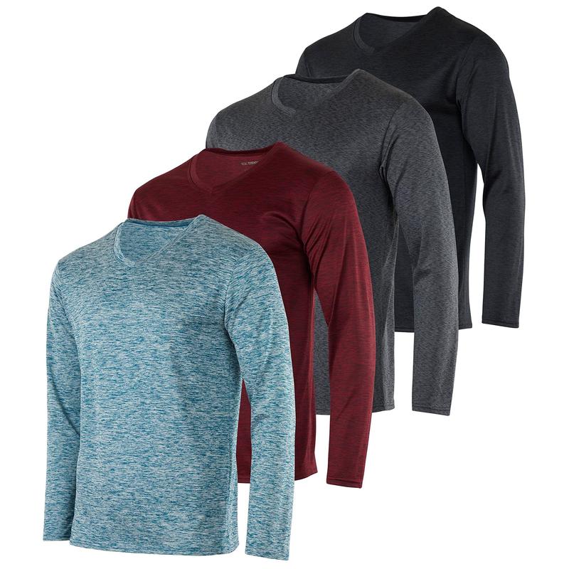 Real Essentials 4 Pack: Men's Dry Fit Long Sleeve V-Neck Active T-Shirt - Athletic Outdoor UPF 50+ (Available in Big & Tall)