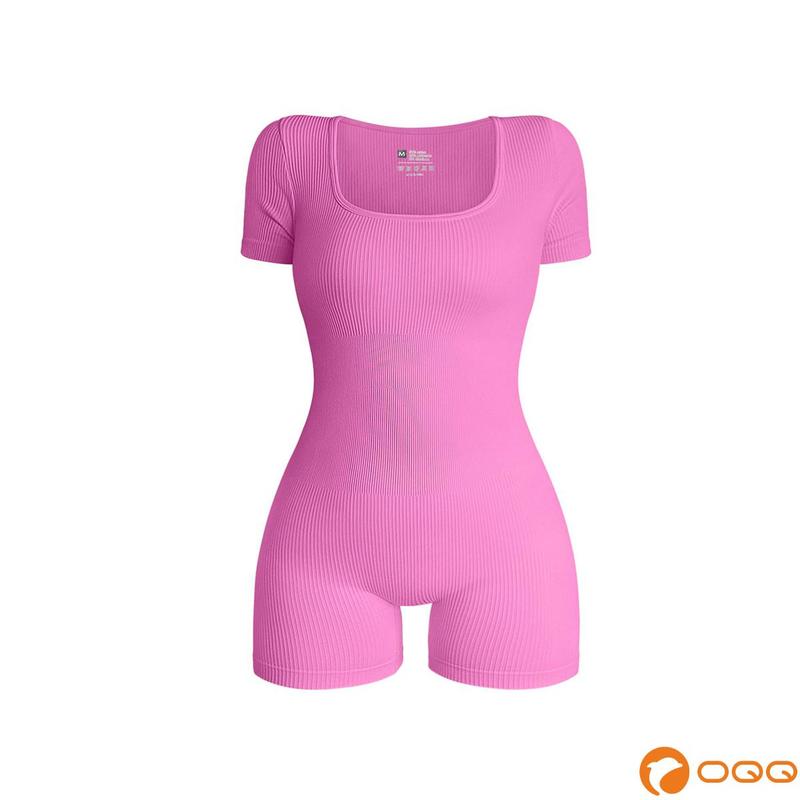 OQQ Women Yoga Rompers Workout Ribbed Short Sleeve Sport Romper