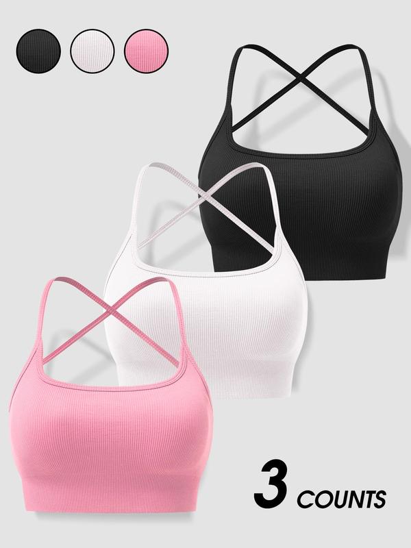 Women's Criss Cross Ribbed Sports Bra with Removable Pads Design, Solid Color Wireless Sports Bra, High Stretch Seamless Sports Bra, Ladies Sportswear for Indoor Outdoor Wear