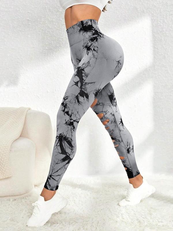 Women's Tie Dye Print Cut Out High Waist Sports Leggings, Casual Comfy Breathable Skinny Pants For Yoga Gym Workout Running, Women Sports Clothing For Summer Spring Fall