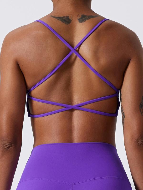 Women's Solid Criss Cross Sports Bra, Breathable Comfortable Wireless Sports Bra, Ladies Sportswear for Indoor Outdoor Wear