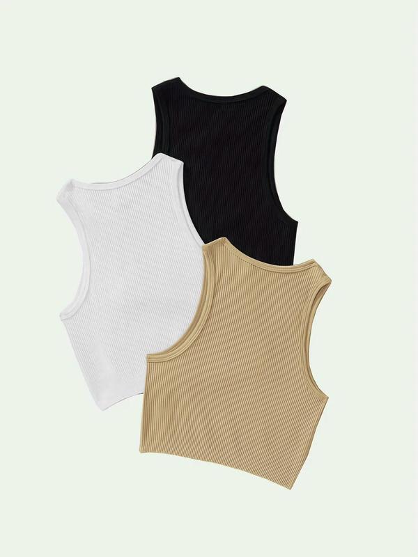 Women's Plain Round Neck Sports Vest, Casual Comfy Breathable Crop Tank Top, Back To School Outfits, Women's Sportswear Clothing for Yoga Gym Workout, Gym Clothing, Tank Tops for Women, Going Out Tops