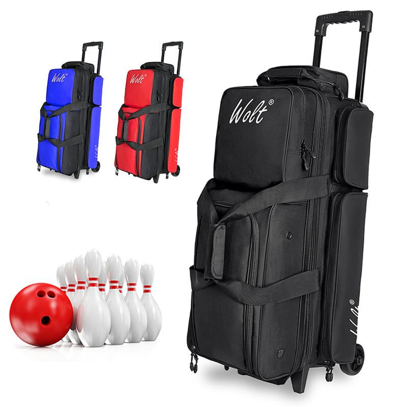 WOLT | 3 Ball Bowling Bags with Wheels,3 Ball Bowling Bag with Separate Shoe Compartment,Ultra-large Capacity Bowling Ball Bag with Accessory Pocket, Retractable Handle extends to 38’’