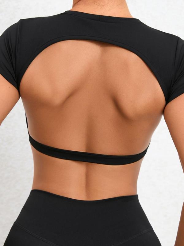 Women's Solid Backless Crop  Sports Tee, Sporty Round Neck Short Sleeve T-shirt for Yoga Gym Workout, Ladies Sportswear for All Seasons