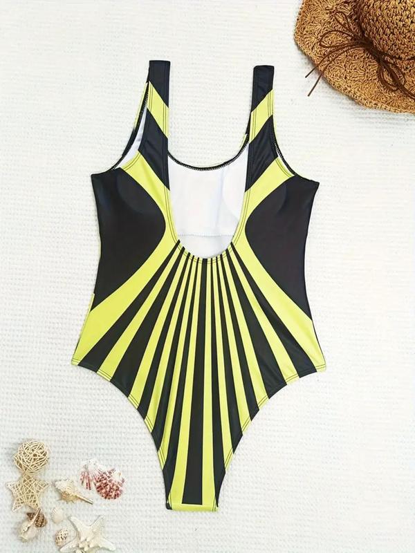 Women's All Over Striped Print Backless One-piece Swimsuit, Casual Boho Sleeveless Swimwear for Summer, Ladies Swimsuit for Beach Holiday Vacation