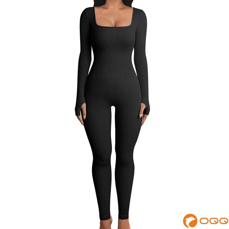 OQQ Women Yoga Jumpsuits Workout Ribbed Long Sleeve Sport Jumpsuits