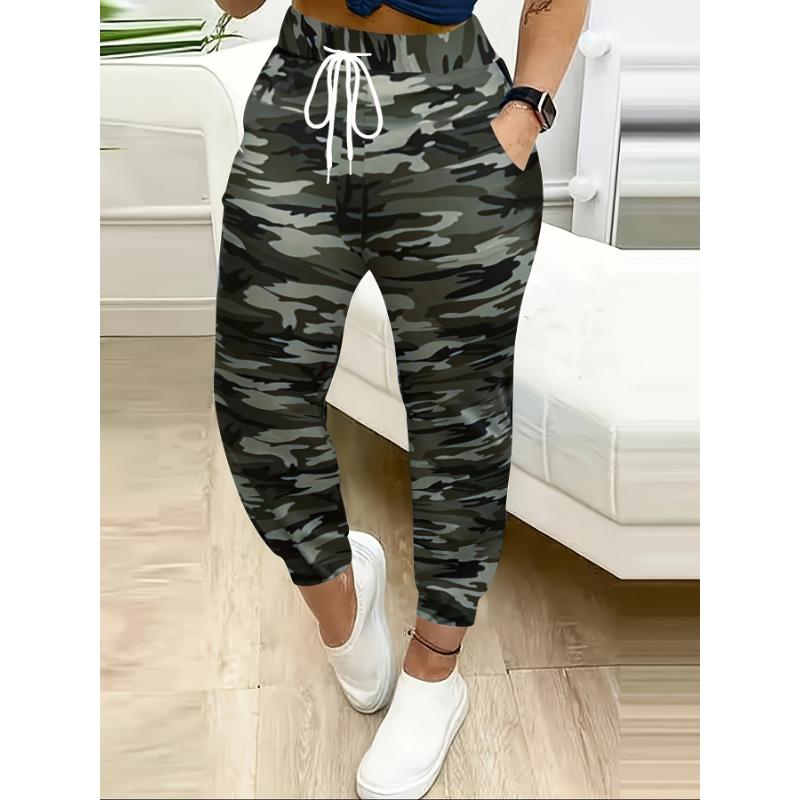 Women's Camo Print Joggers with Pockets - Casual Drawstring Waist, Polyester, Machine Washable