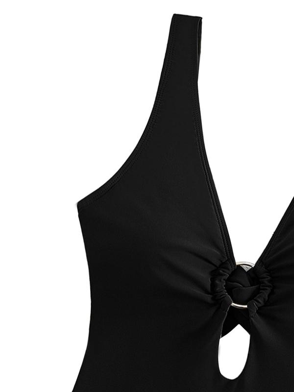 Women's Sexy Solid V Neck Ruched Ring Linked One-piece Swimsuit, Swimsuit for Women, Casual High Waist Swimwear for Summer, Ladies Swimsuit for Beach Holiday Vacation