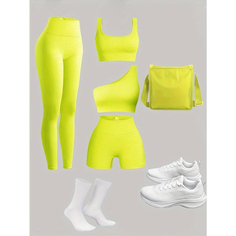 Women's 4-Piece Set Yoga Suit, Sports Leggings, Sports Bra, Shorts, Gym and Outdoor Sports Workout Equipment (Excluding Accessories)