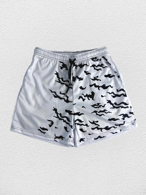 Men's  Printed Drawstring Waist Sports Shorts, Regular Fit Casual Pocket Design Shorts for Summer, Men's Sportswear for Running