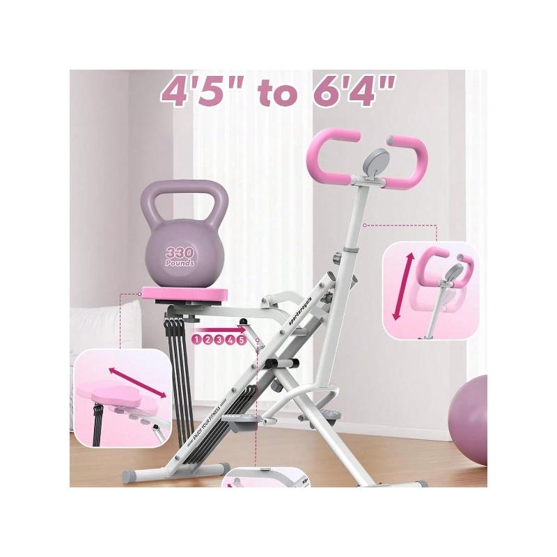 (BIACK FRIDAY)Pink Squat Machine For Home, Rodeo Core Exercise Machine, 330lbs Foldable, Adjustable 4 Resistance Bands, Ride & Rowing Machine For Botty Glutes Butt Thighs, Ab Back Leg Press Hip Thrust