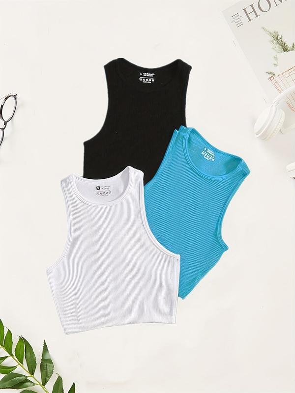 Women's Plain Round Neck Sports Vest, Casual Comfy Breathable Crop Tank Top, Back To School Outfits, Women's Sportswear Clothing for Yoga Gym Workout, Gym Clothing, Tank Tops for Women, Going Out Tops