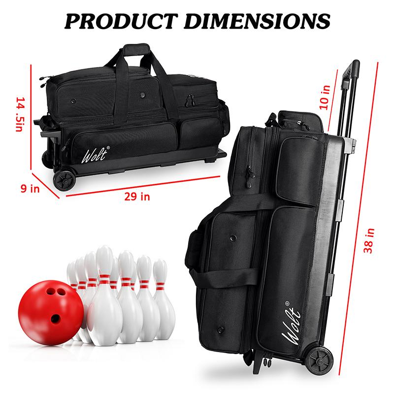 WOLT | 3 Ball Bowling Bags with Wheels,3 Ball Bowling Bag with Separate Shoe Compartment,Ultra-large Capacity Bowling Ball Bag with Accessory Pocket, Retractable Handle extends to 38’’