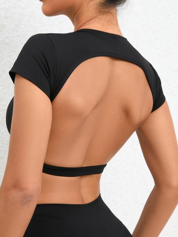 Women's Solid Backless Crop  Sports Tee, Sporty Round Neck Short Sleeve T-shirt for Yoga Gym Workout, Ladies Sportswear for All Seasons